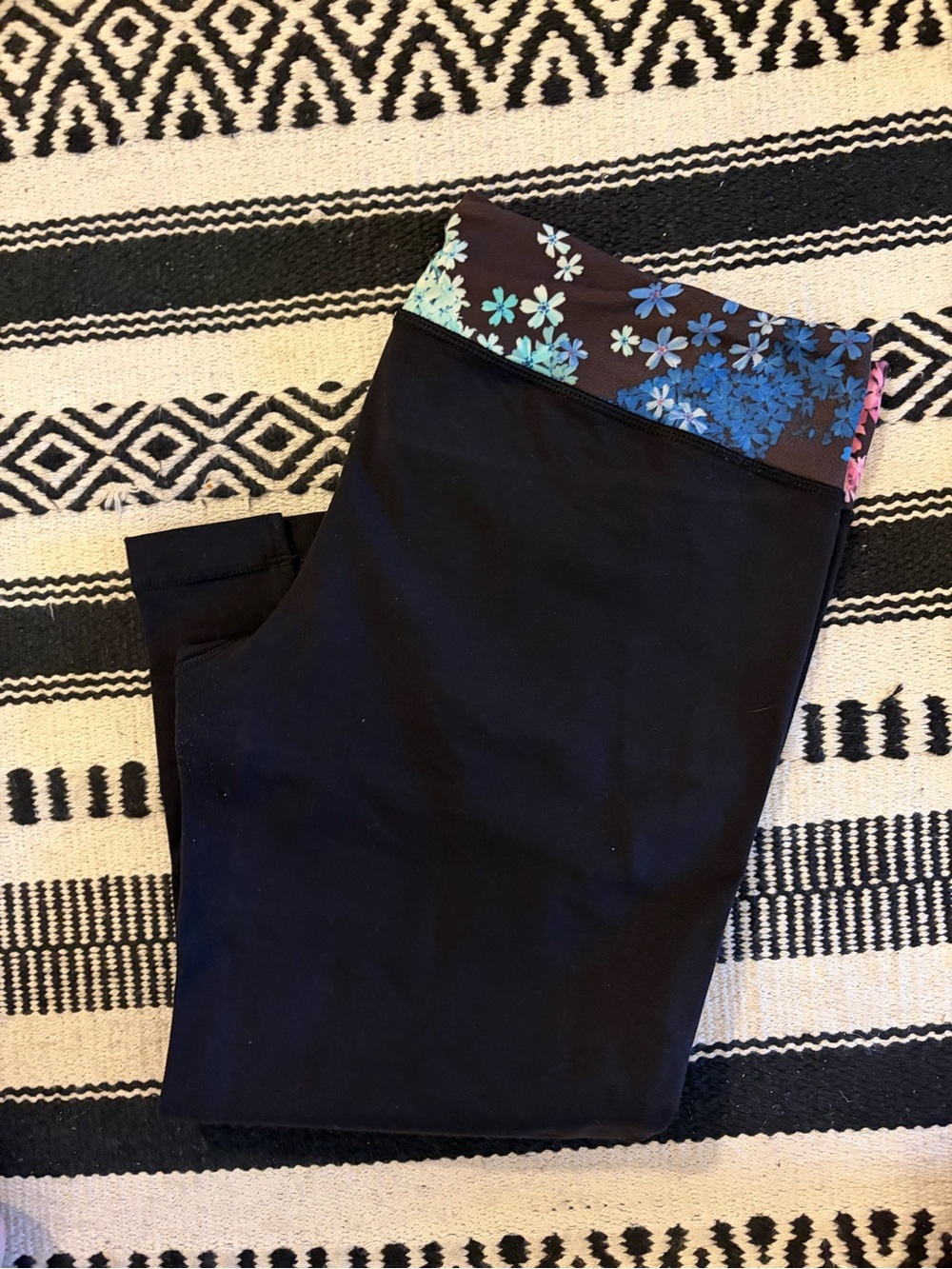 lululemon athletica Black Capris with Blue & Pink Floral Waistband